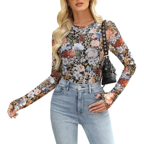 🆕Women Floral MeshTop Multicolor Polyester Fitted Sexy See-Through Long Sleeve - Picture 7 of 7